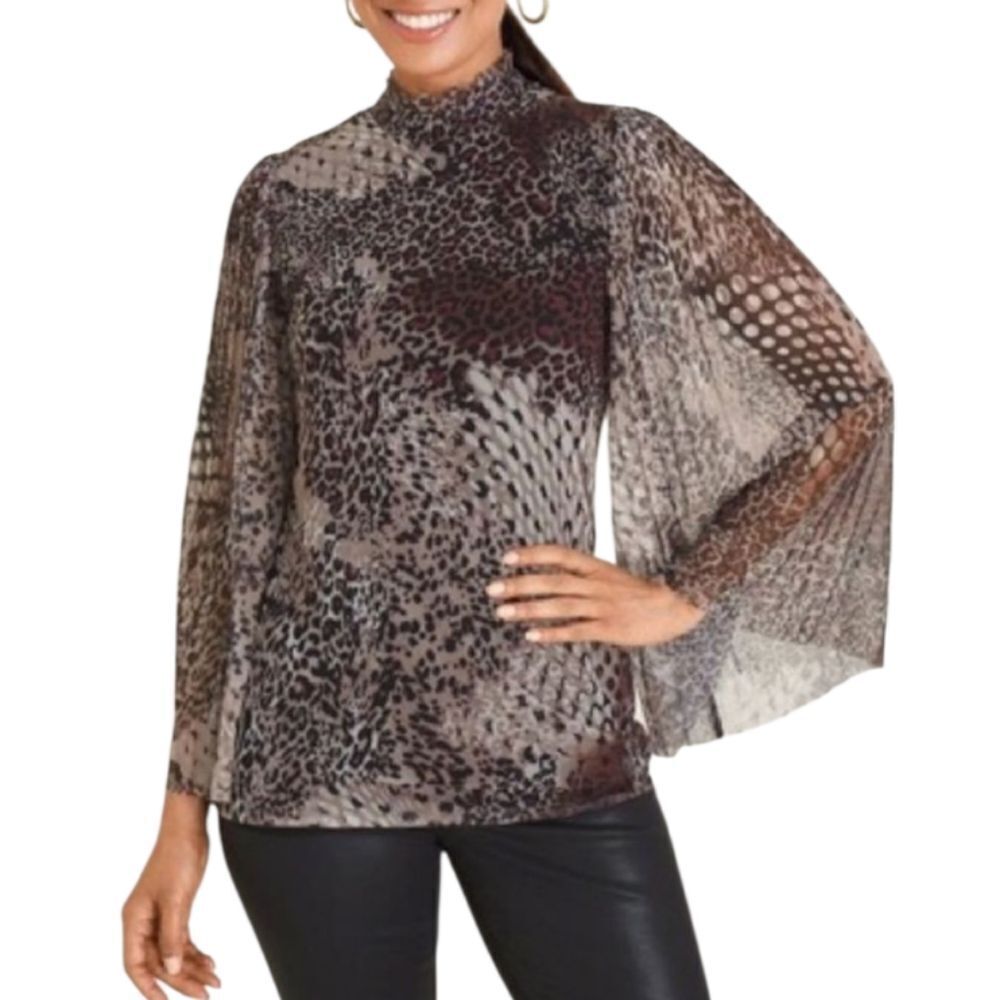 Chico's Leopard Print Sheer Pleated Cape Sleeves Ruffled Mock Neck Blouse Top